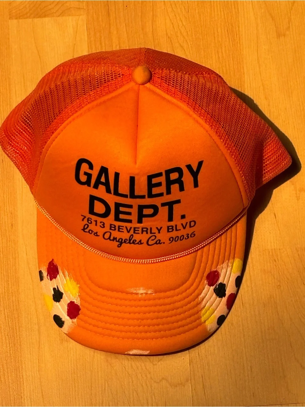 Gallery Dept Orange Mesh Trucker Hat with Multicolor Paint Splatters